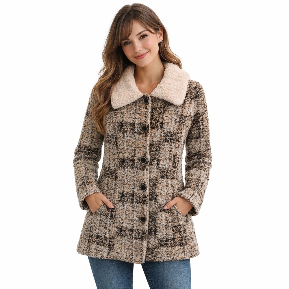 Maria Sole Made in Italy Boucle Knit Coat Faux Fur Collar Size Small